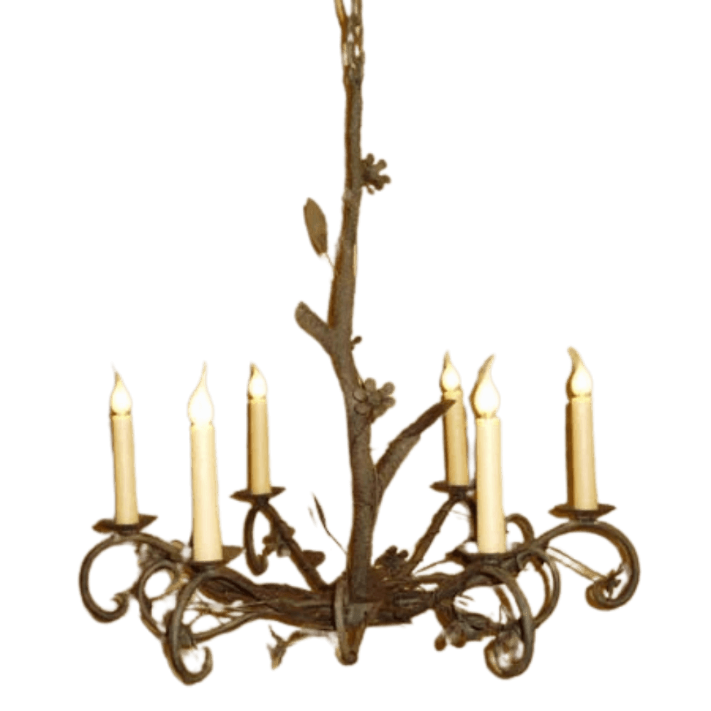 A beautifully crafted wrought iron chandelier featuring intricate vine designs, with six candle-like lights. The warm, rustic finish adds elegance to any space.
