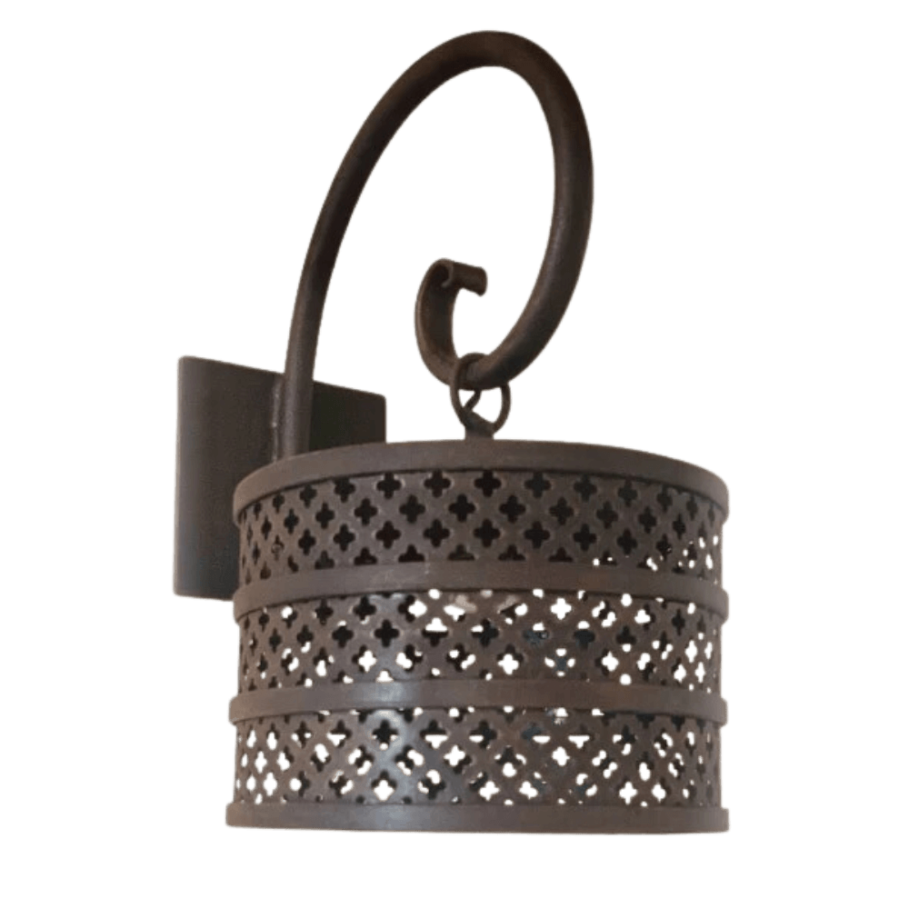 A decorative wall sconce featuring three perforated metal bands with intricate cut-out patterns, all finished in a dark hue. The elegant design includes a curved arm for attachment to the wall, enhancing the overall aesthetic. Ideal for adding a warm and inviting touch to any space.
