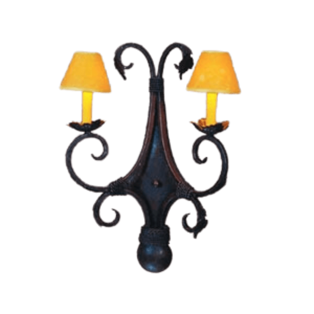 A beautifully designed wrought iron sconce featuring two yellow lampshades, elegantly curved metalwork, and intricate detailing.
