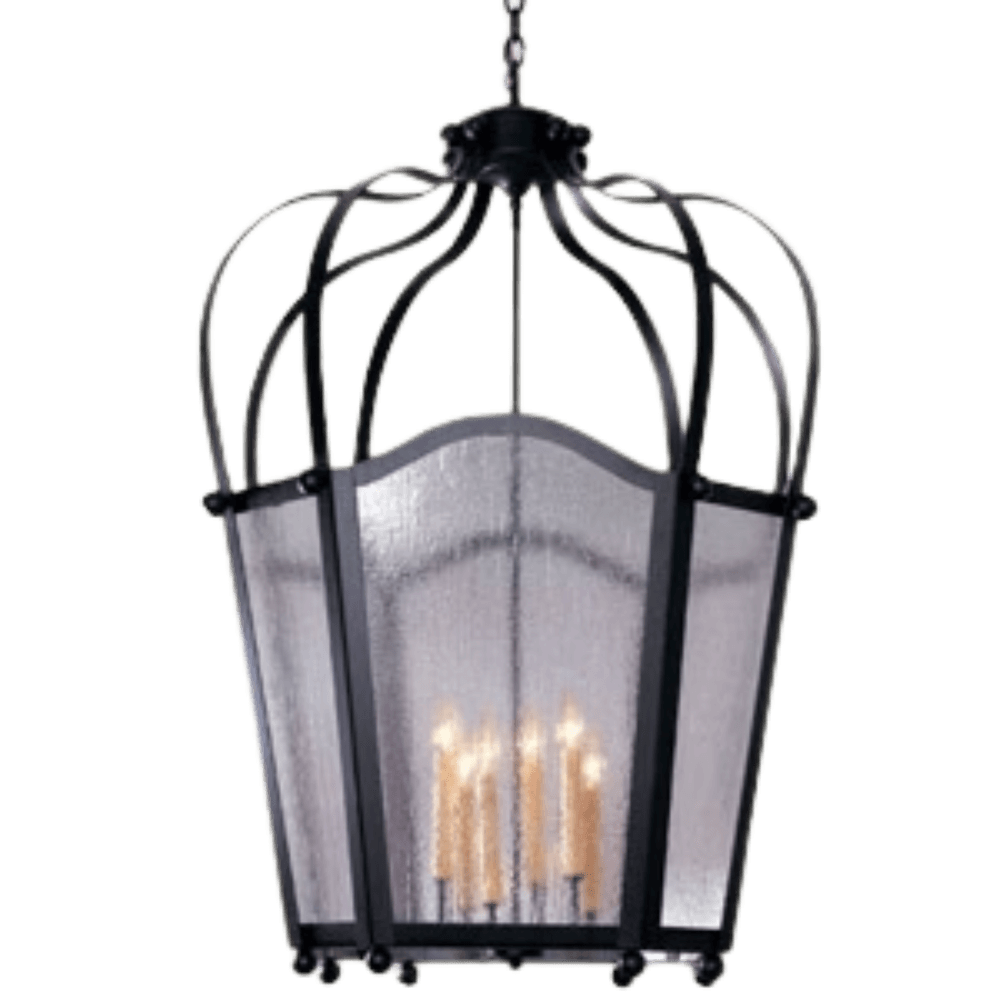 A striking pendant light features a curved, intricate wrought iron design with a unique frame and textured glass panels, illuminating its candle-like bulbs.