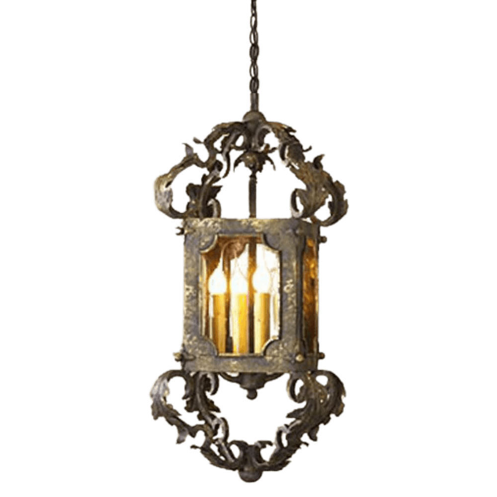 A beautifully crafted pendant light featuring intricate wrought iron detailing. The design includes a framed glass enclosure showcasing four warm bulbs, encircled by ornate scrollwork for a refined touch.
