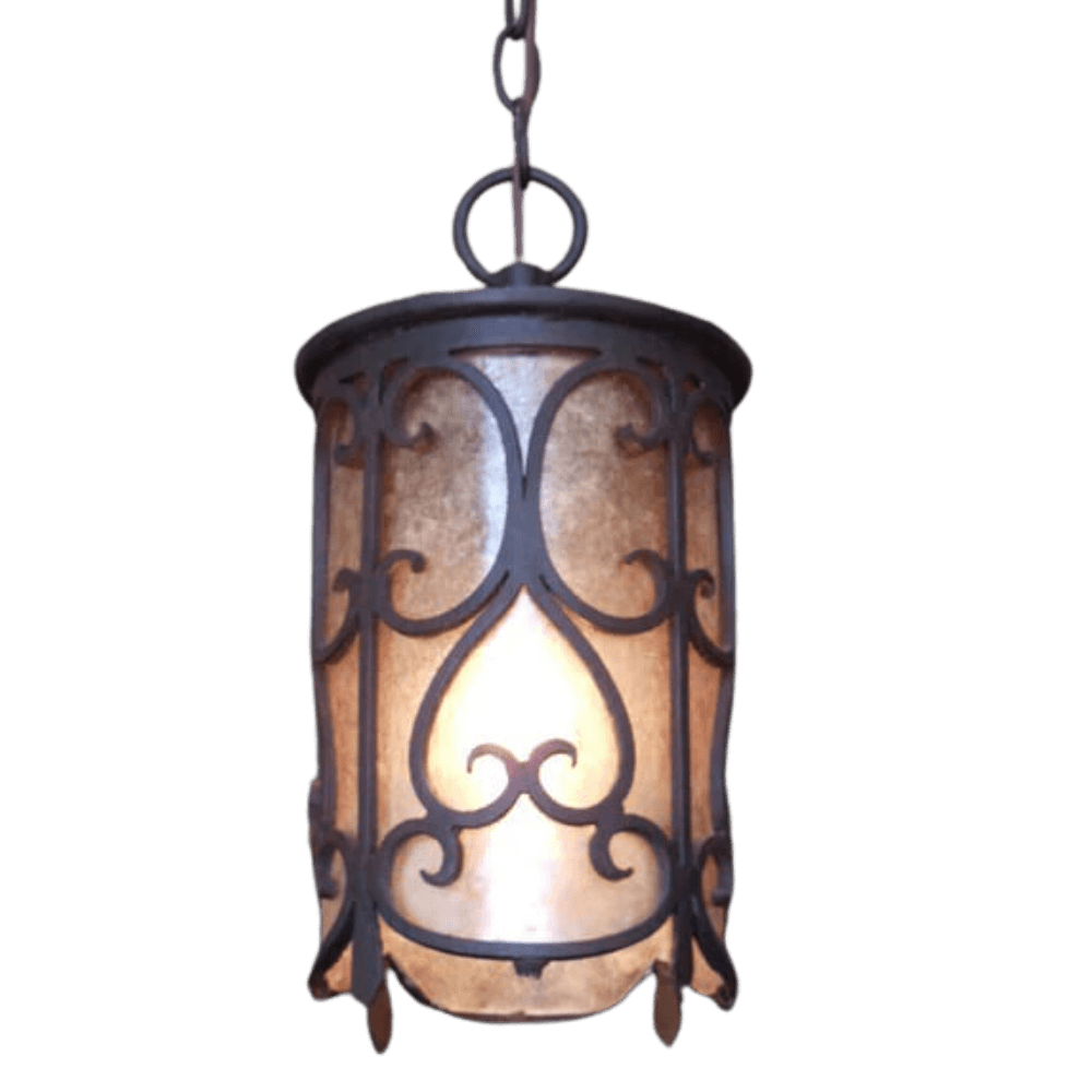 Elegant pendant light featuring intricate wrought iron designs and a warm, illuminated shade, perfect for enhancing any living space.