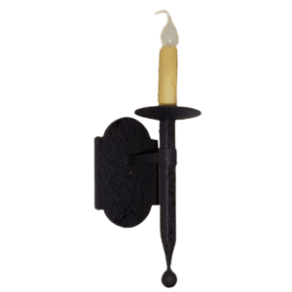 A black wrought iron wall sconce featuring a candle holder with an elegant design, complete with a realistic flame detail, perfect for adding vintage charm to any space.