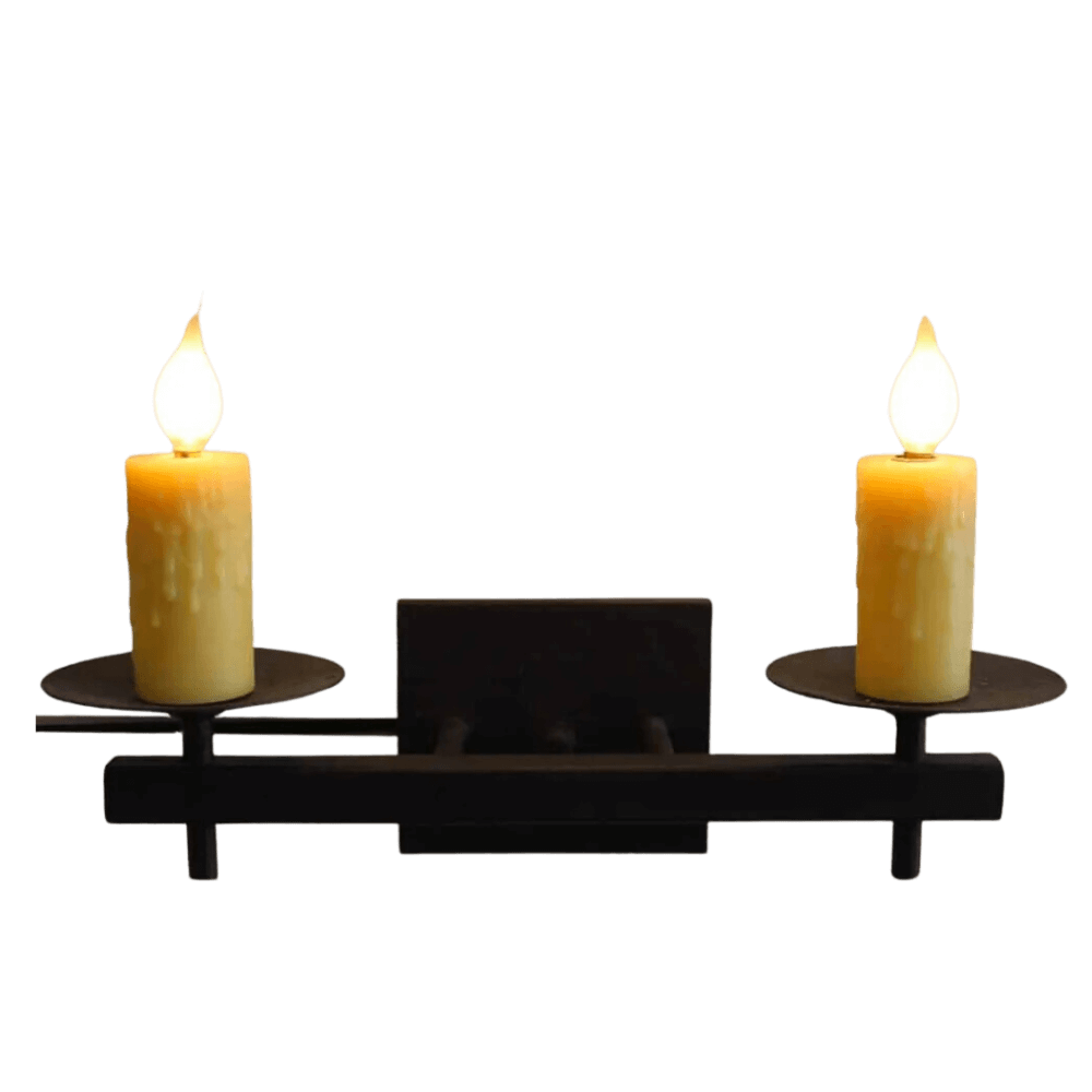 Two elegant candle sconces featuring yellow wax candles atop circular plates. The wrought iron structure is dark and minimalist, blending rustic charm with modern aesthetics, perfect for enhancing any space's cozy atmosphere.
