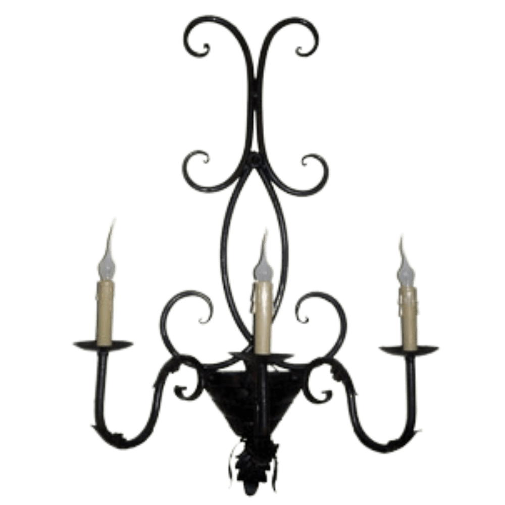 A decorative wrought iron chandelier featuring intricate scrollwork and three curved arms, each holding a candle-style bulb. The design combines elegance and tradition, suitable for enhancing any living space.