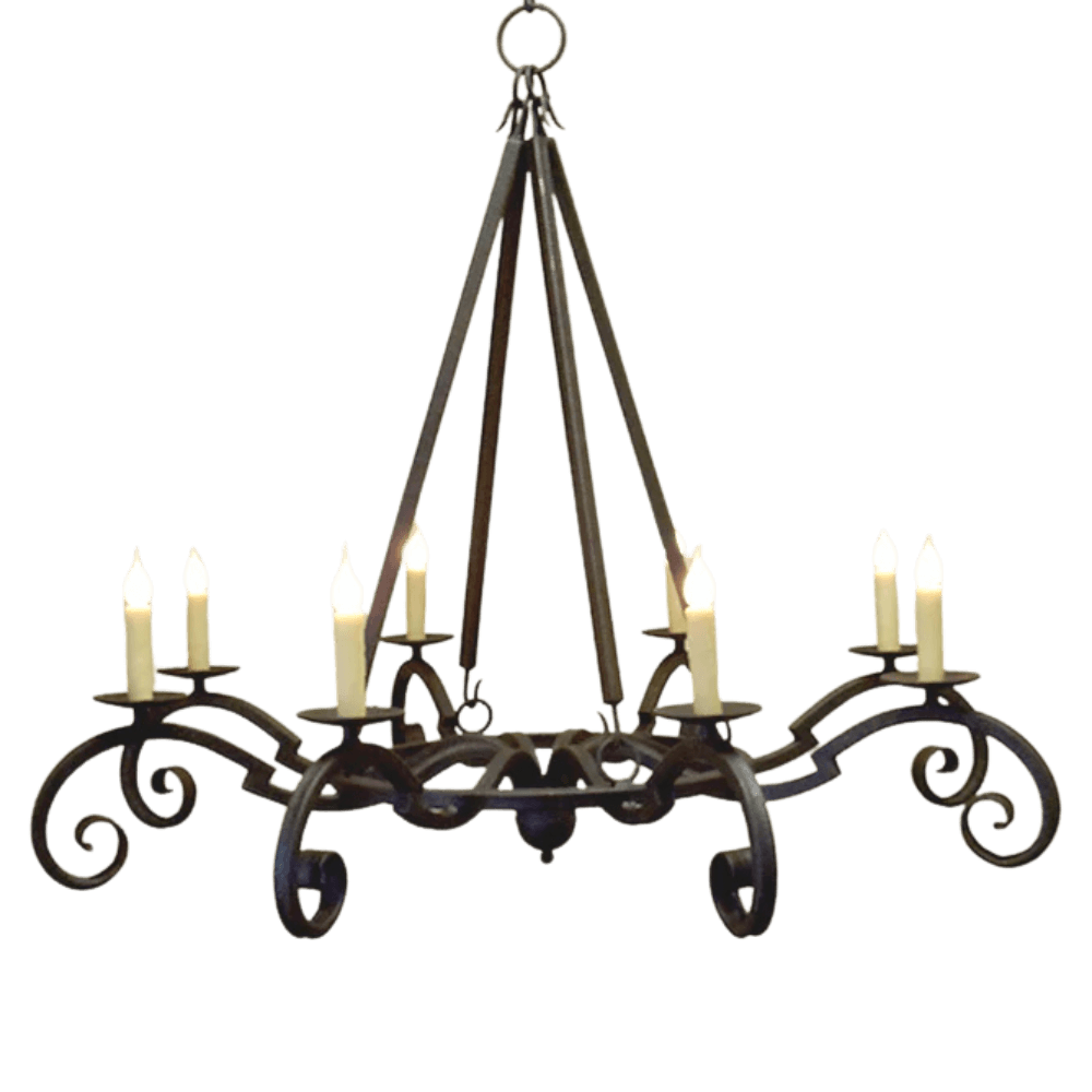 A decorative wrought iron chandelier featuring intricate scrollwork and six candle-like lights. Its elegant design adds a warm, inviting glow to any space.