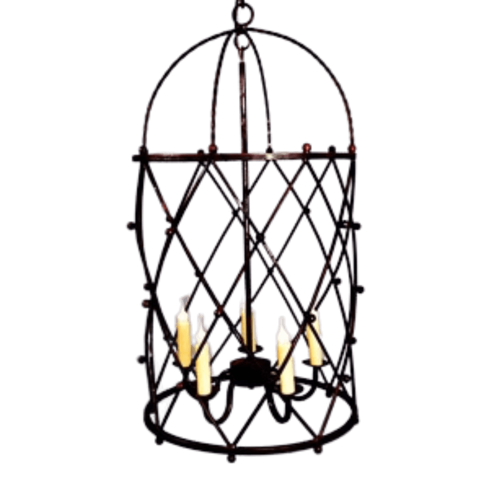 A pendant lighting fixture crafted from wrought iron, featuring a cage-like design with intersecting lines and elegant candle lights.