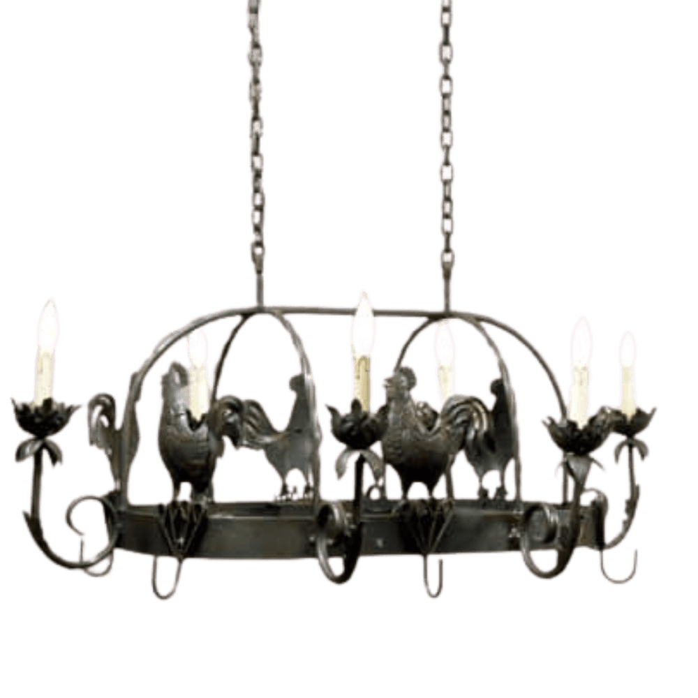 A decorative chandelier featuring intricate wrought iron craftsmanship, showcasing stylized roosters and candle-style lights, designed to enhance rustic charm in any space.