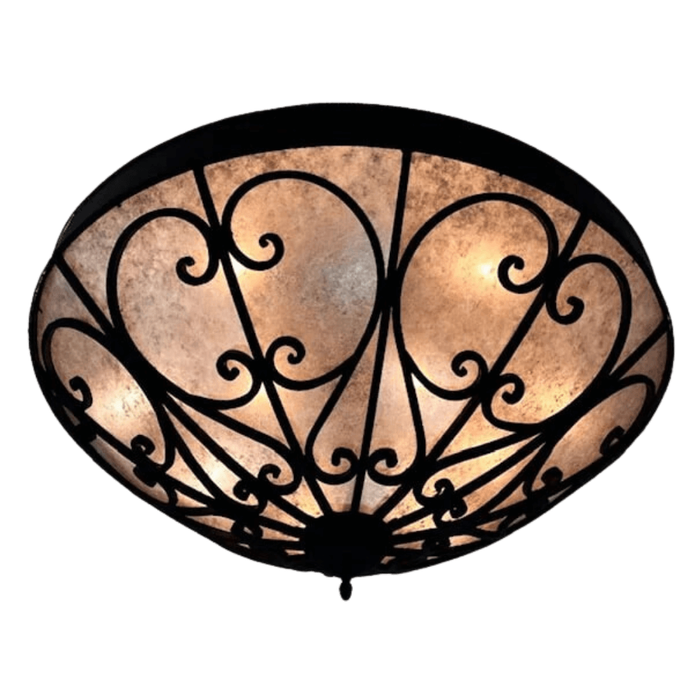 A beautifully crafted ceiling fixture featuring intricate wrought iron scrollwork against a warm, glowing backdrop. The design combines elegance and sophistication, perfect for enhancing any interior space.