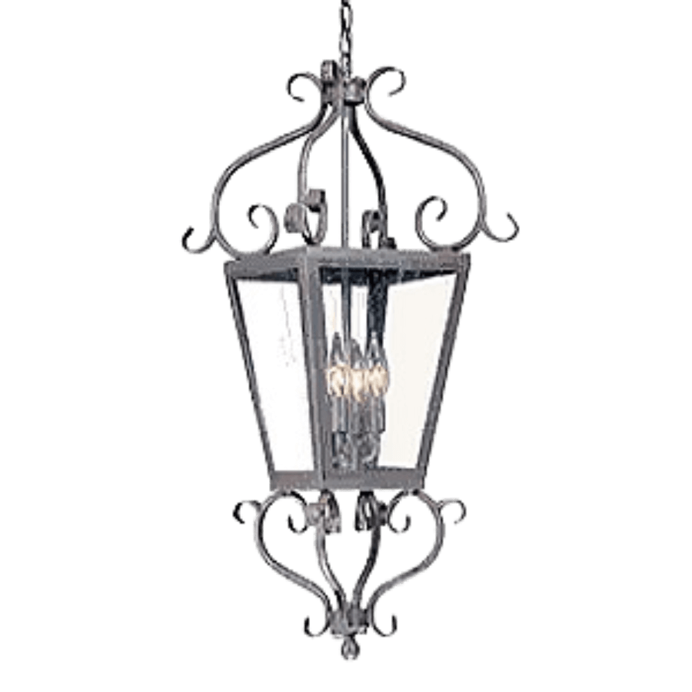 A stunning wrought iron pendant featuring elegant curves and intricate scrollwork. The fixture showcases a glass enclosure that elegantly displays multiple candle-style bulbs, adding warmth and sophistication to any space.