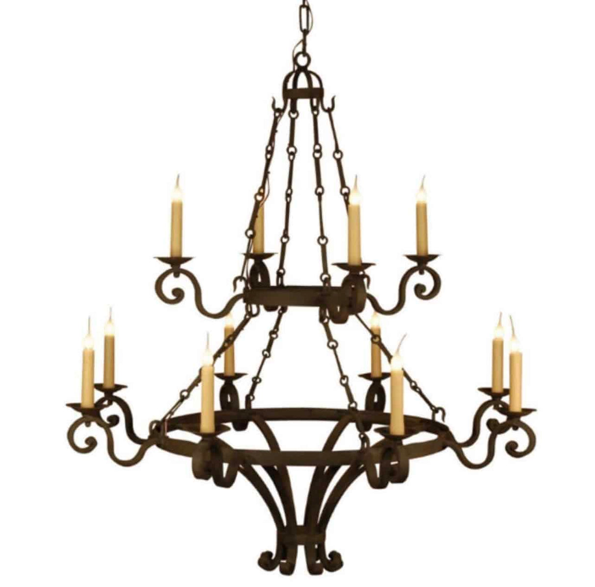 A stunning wrought iron chandelier featuring ornate curves and a vintage aesthetic, adorned with multiple candlestick-style lights for a warm, inviting ambiance.
