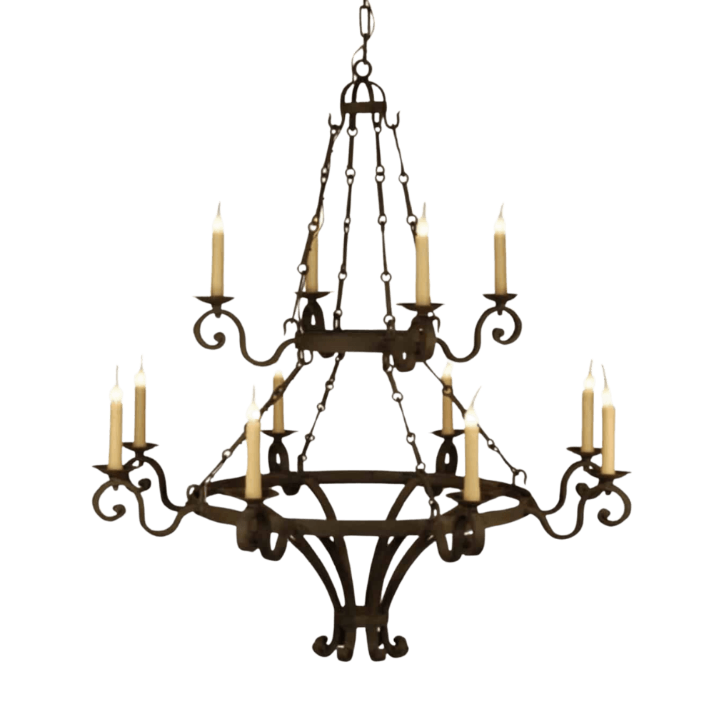 Elegant wrought iron chandelier featuring intricate scrollwork and multiple candle-style lights, enhancing any space with a warm, inviting glow.