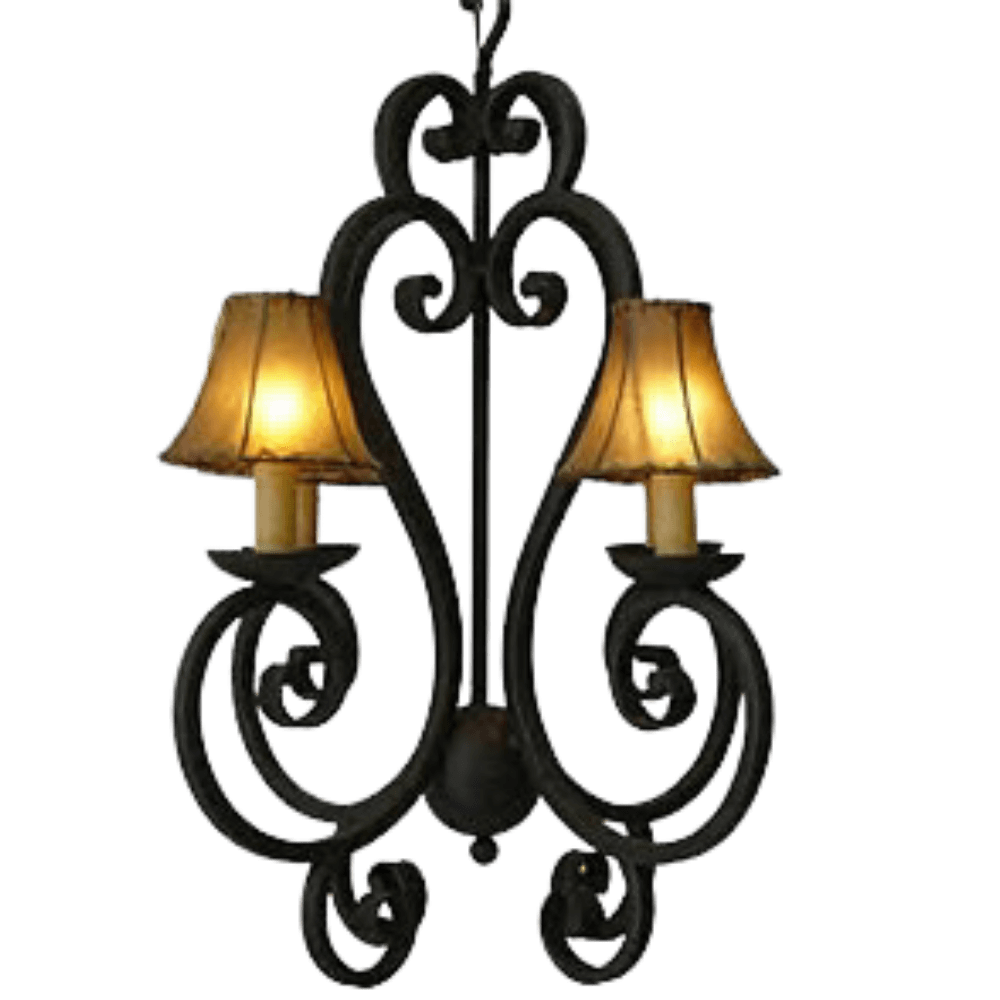 Elegant wrought iron chandelier featuring two soft-glow lampshades complemented by intricate scrollwork. Ideal for adding charm to any space.