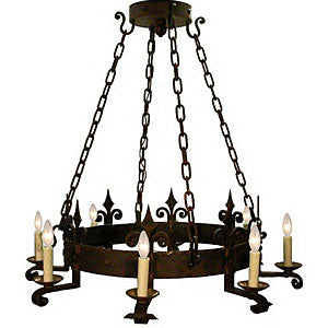 A decorative wrought iron chandelier featuring a circular design with scrollwork accents. It includes eight candle-style lights atop elegant arms, suspended by sturdy chains. The fixture showcases a rustic finish, enhancing its classic charm and inviting warmth to any space.