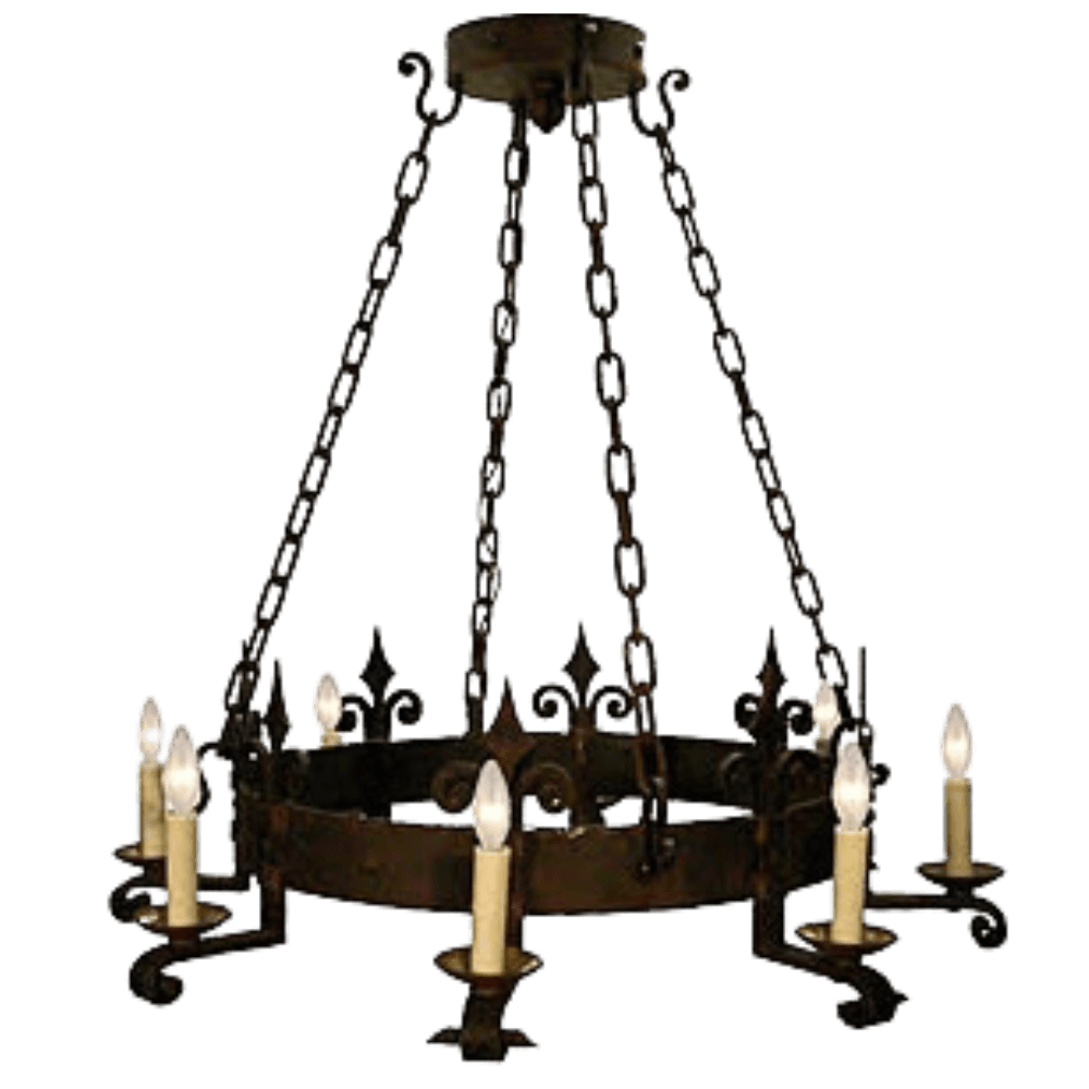 A striking wrought iron chandelier featuring a circular frame adorned with decorative accents. Eight candle-style lights illuminate the space, adding warmth and elegance, suspended by robust chains from a ceiling mount.
