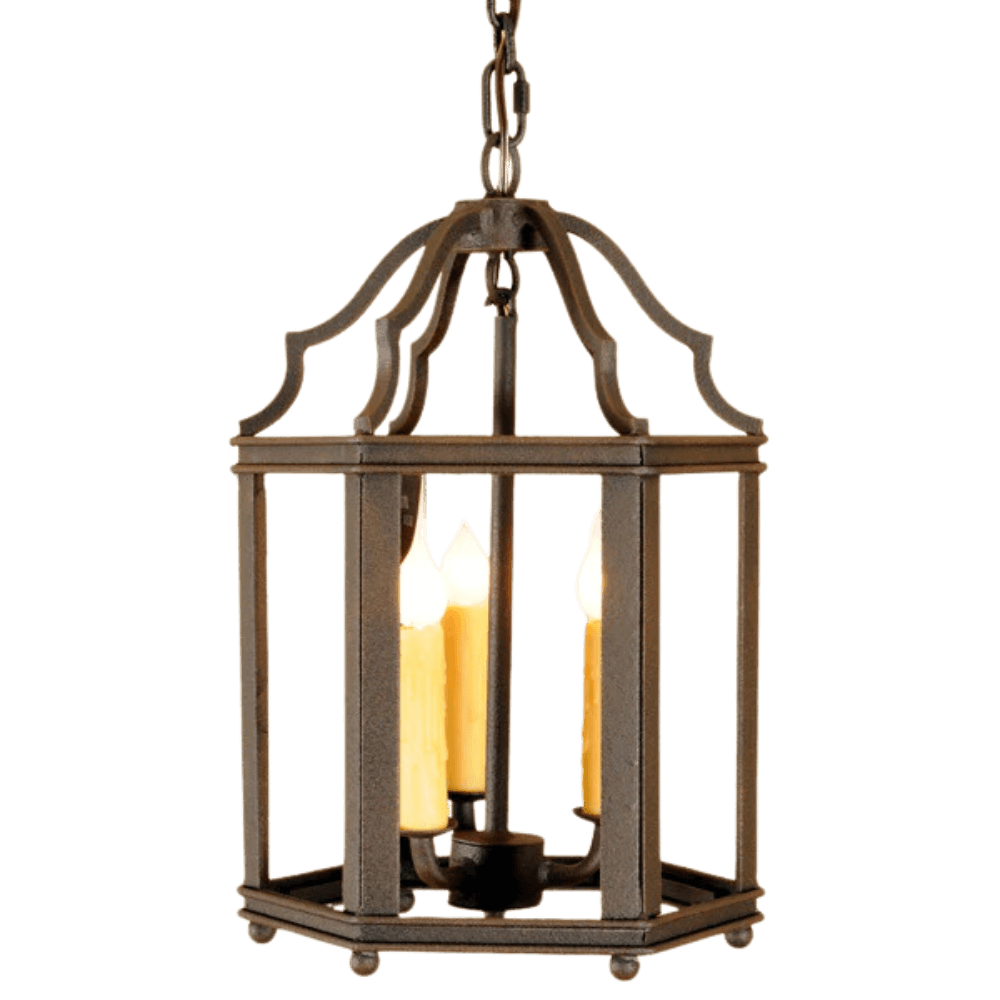 A beautifully crafted wrought iron pendant featuring an elegant design with a decorative top and four candle-like lights. The fixture is framed with intricate detailing, combining classic charm with a warm glow, ideal for enhancing any living space.