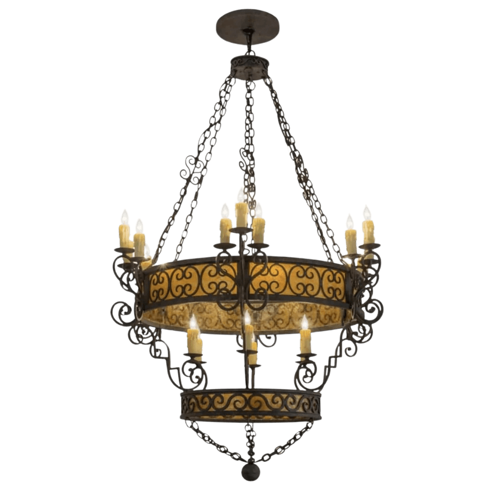 A beautifully crafted wrought iron chandelier featuring intricate scrollwork and warm amber shades. It showcases multiple candle-like lights for a vibrant yet inviting atmosphere, perfect for enhancing any living space.