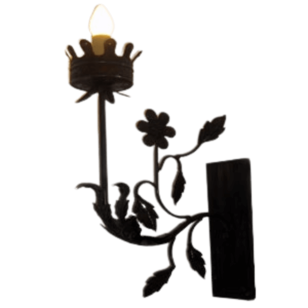 A beautifully crafted wrought iron sconce featuring ornate floral designs and a single light source, enhancing any interior with elegance and charm.