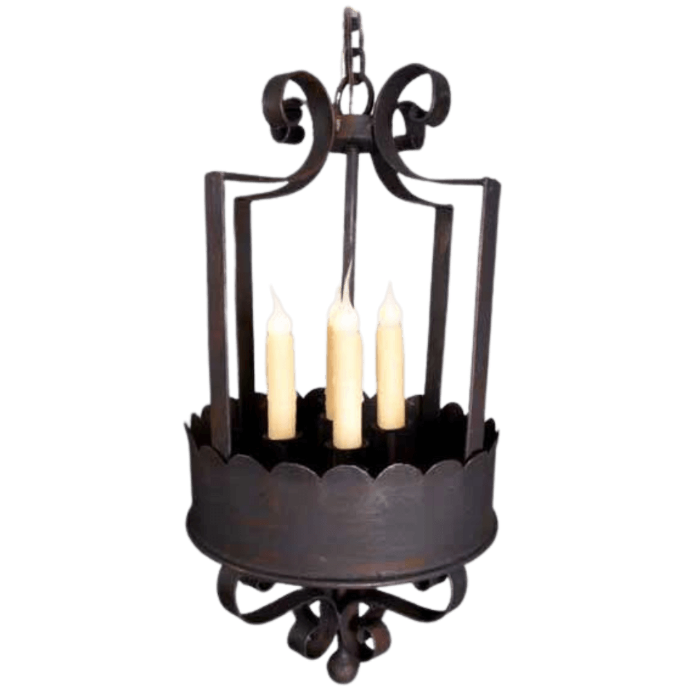 Elegant wrought iron hanging fixture featuring three tall candle lights, adorned with decorative curves and a scalloped edge, adding charm to any space.