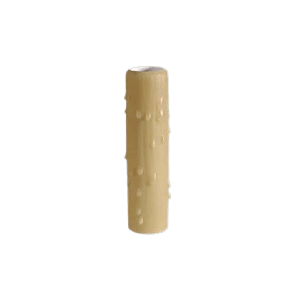A tall, cylindrical candle holder with a textured exterior resembling dripping wax. Its creamy color enhances its elegant design, perfect for accenting decor in various settings. This piece complements wrought iron lighting fixtures, adding a warm, inviting touch to interiors.
