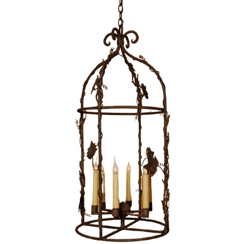 An ornate wrought iron chandelier featuring a curved frame adorned with vines and leaves. Five candle-like bulbs emerge from a central base, creating an inviting ambiance. The intricate design showcases craftsmanship, adding elegance to any space.