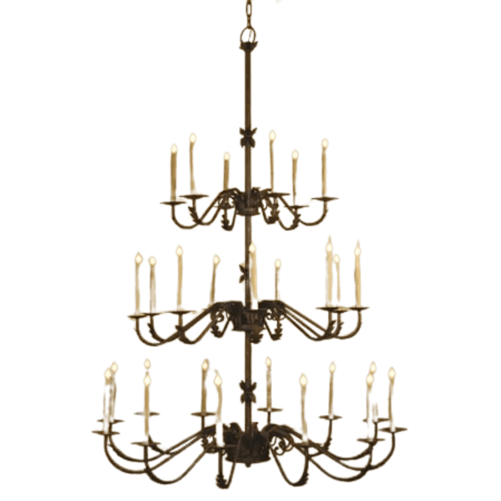 A sophisticated wrought iron chandelier with multiple tiers and elegantly curved arms, featuring candle-like lights that create a warm and inviting ambiance.