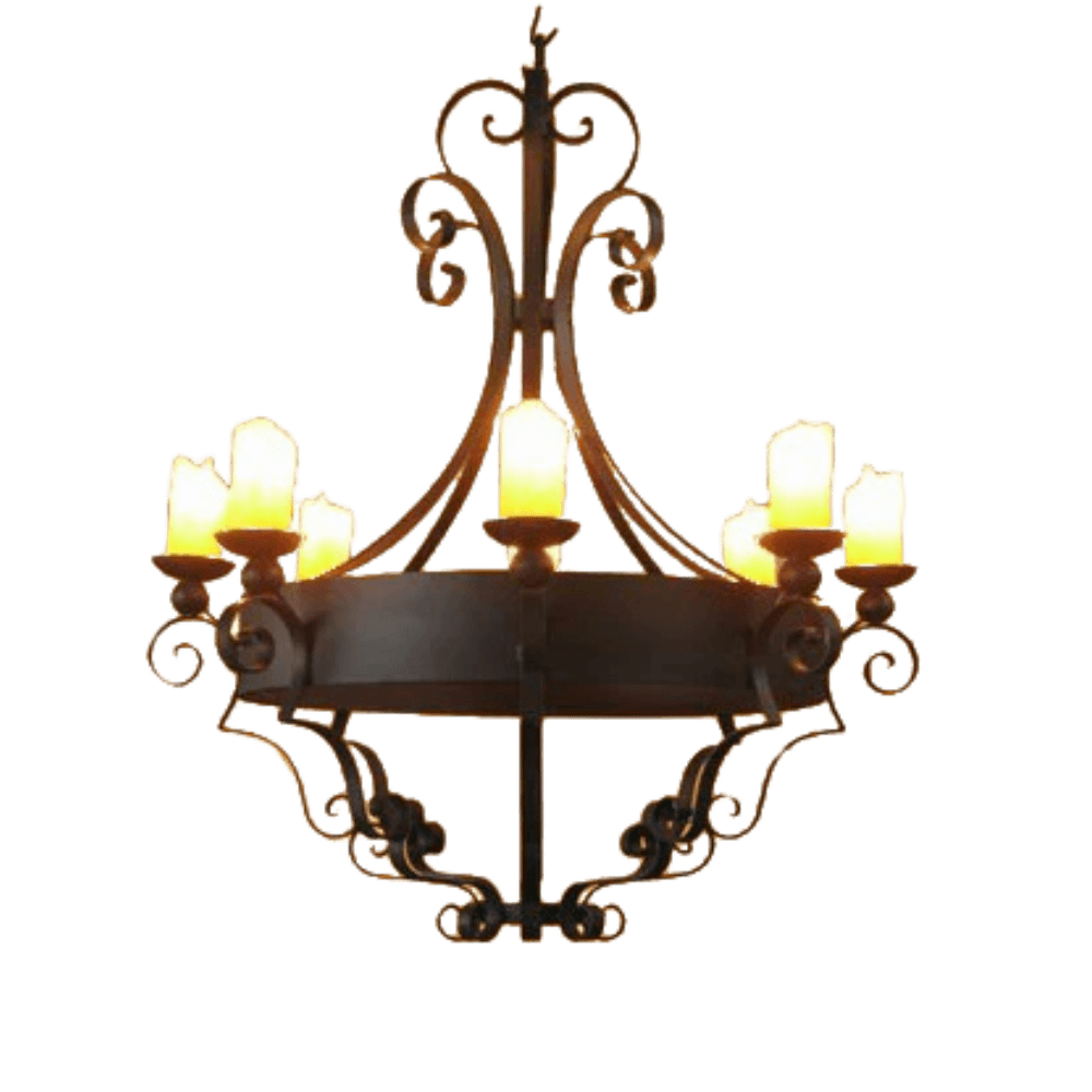 A stunning wrought iron chandelier featuring an elegant design with graceful curves and intricate detailing. It holds multiple glowing candle-like lights, providing warmth and character to any space. Ideal for adding a touch of vintage charm and ambient lighting.