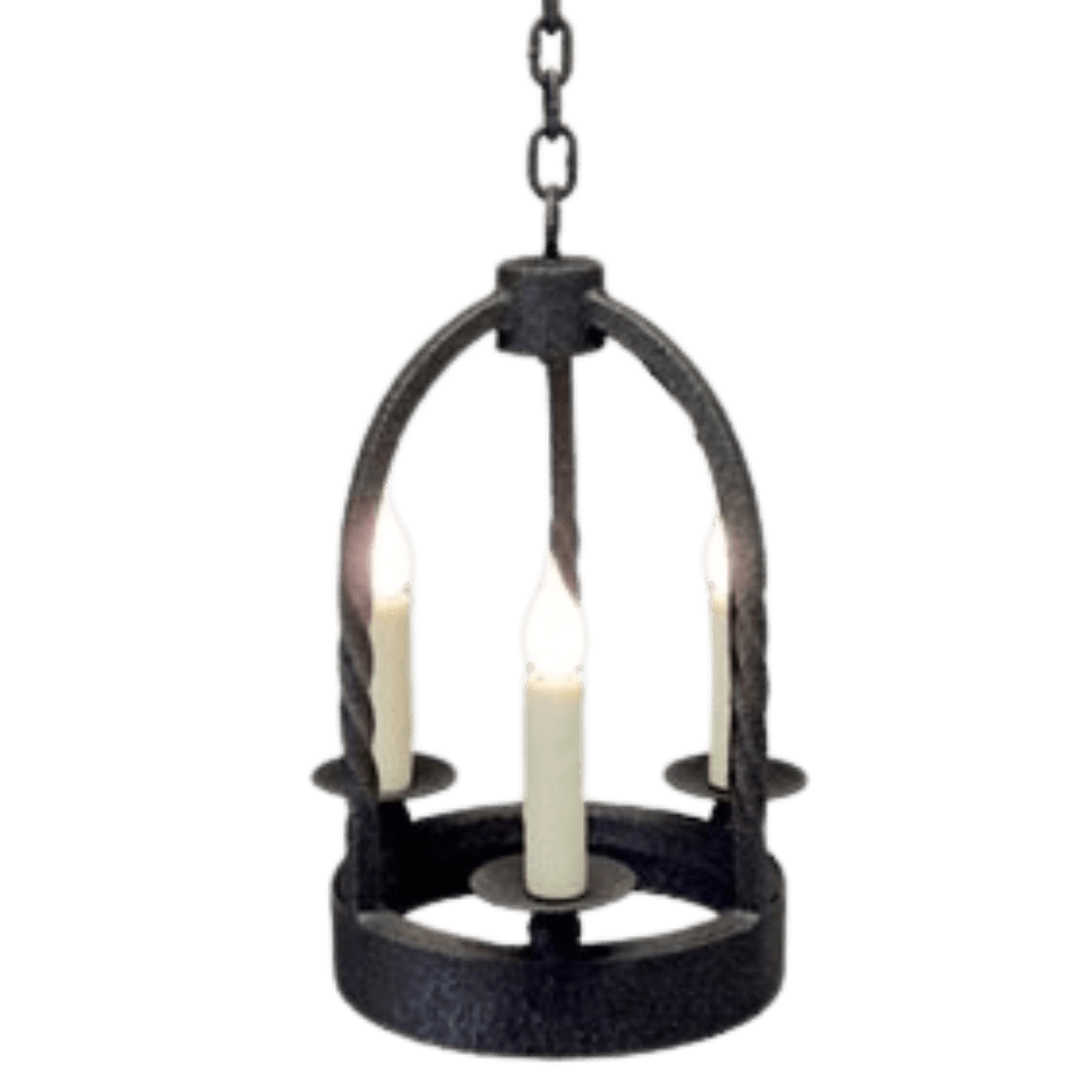 A decorative pendant featuring three candle-style lights, set within an elegant wrought iron frame. The design includes twisting details and a chain for hanging, ideal for adding a touch of warmth and charm to any space.