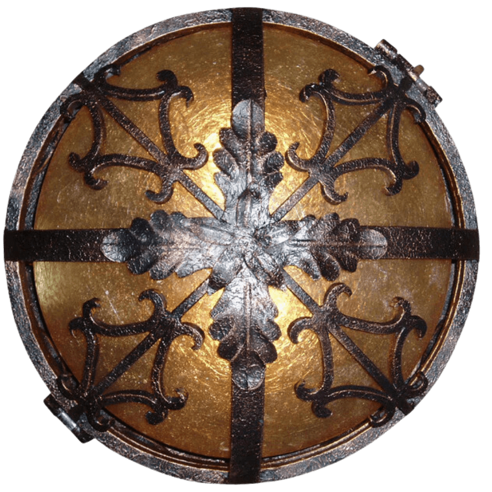 Intricately designed wrought iron ceiling fixture with a round shape, featuring ornate embellishments and a warm golden hue. This piece adds a rustic and elegant touch to any space, perfect for ambient lighting.