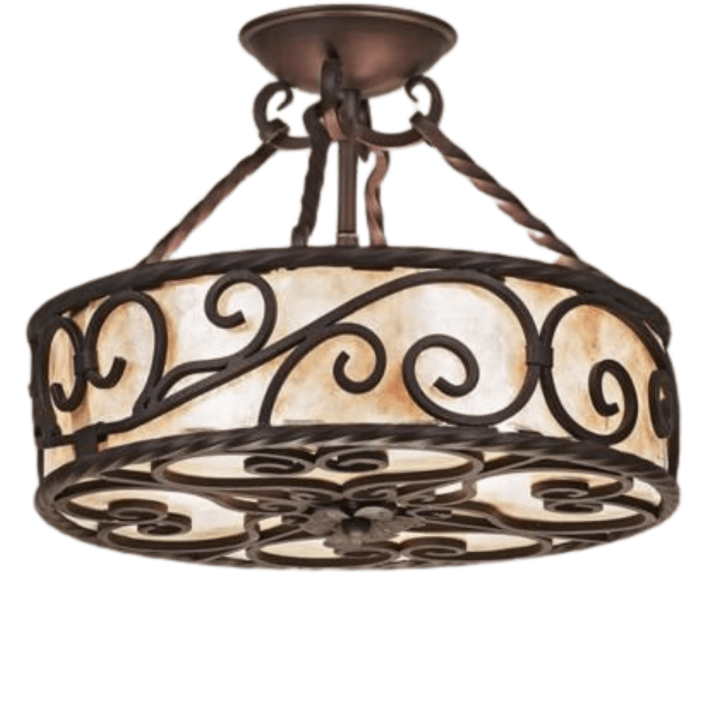 A beautifully crafted ceiling light featuring a round design with swirling wrought iron details and a warm amber glass shade. The fixture is suspended by sturdy chains, enhancing its elegant charm. Perfect for adding a touch of artistic sophistication to any space.