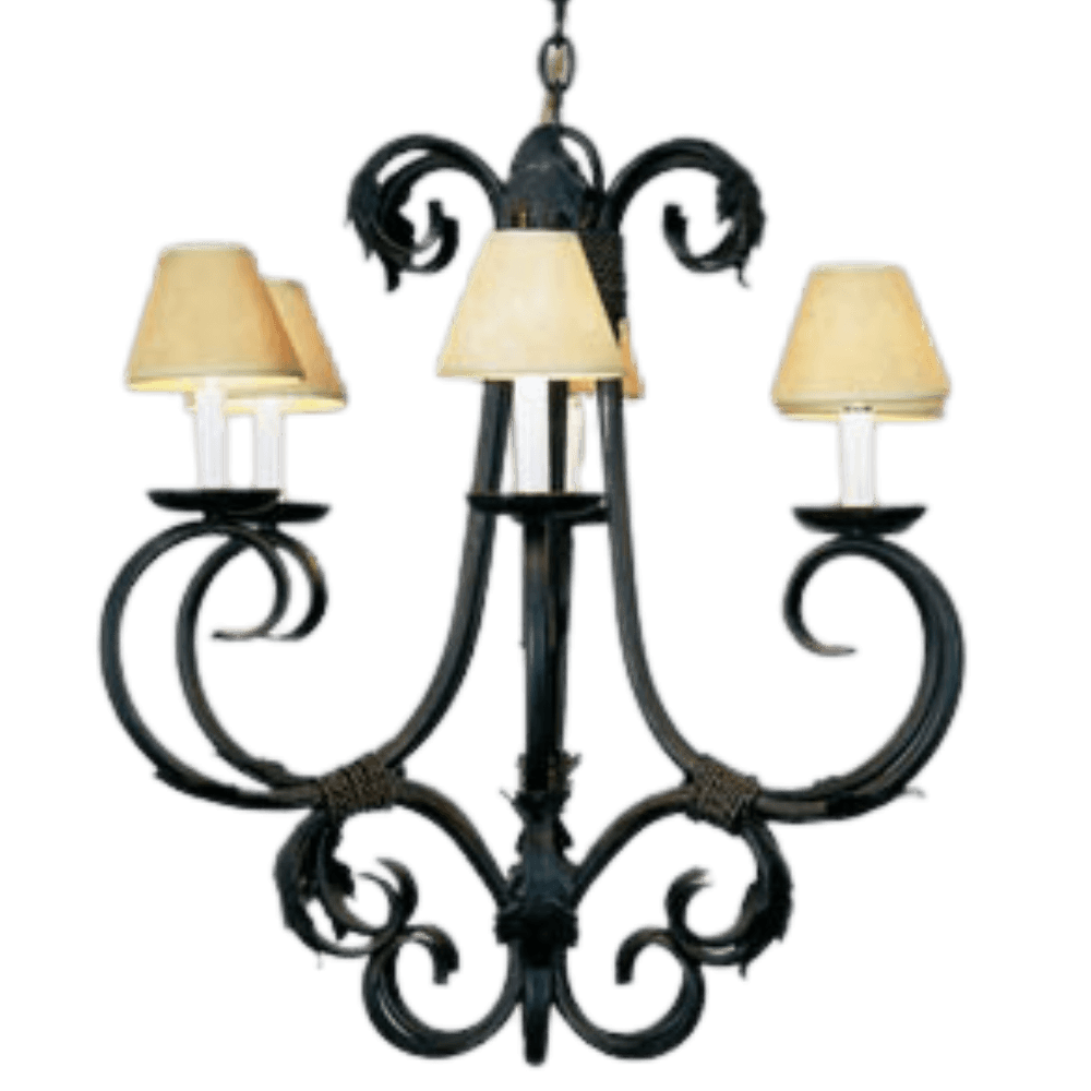 This elegant chandelier features ornate, swirling wrought iron with a rich black finish. It showcases four soft, beige lampshades that provide a warm, inviting glow, making it a perfect centerpiece for any room.