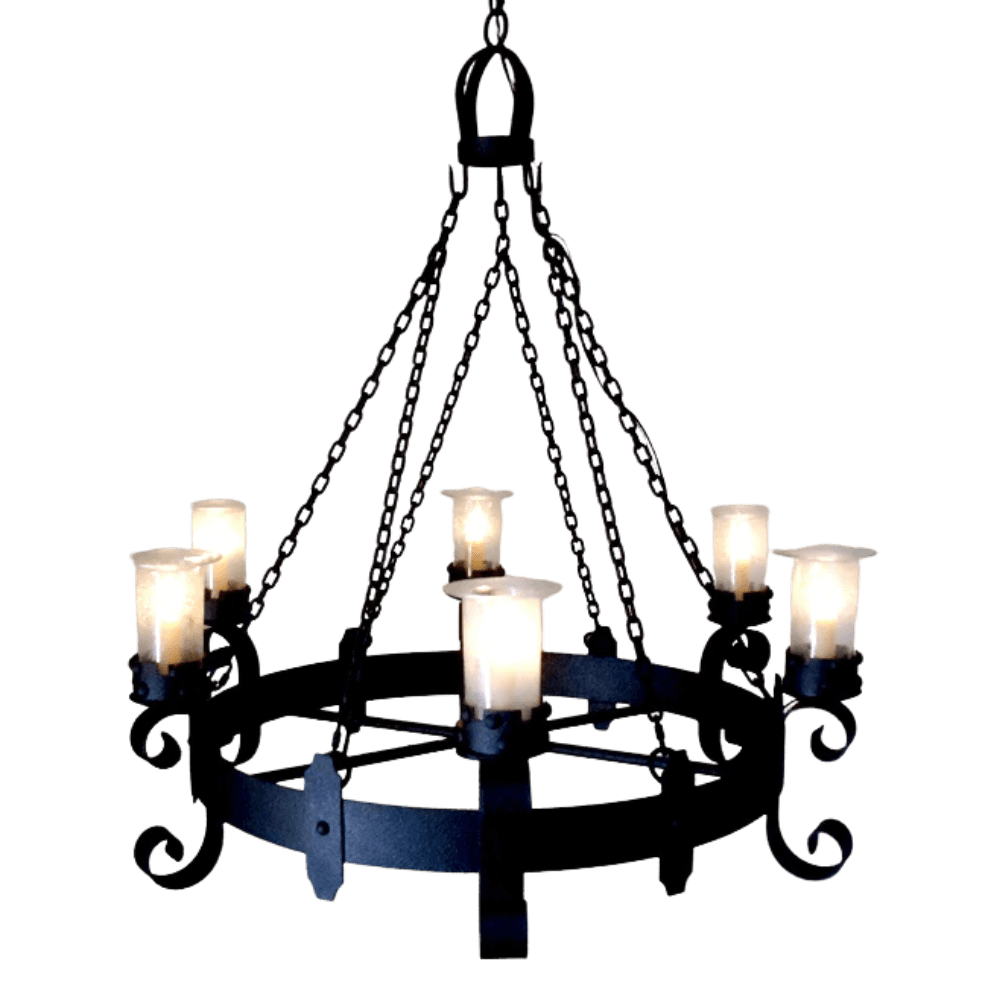 A beautifully crafted wrought iron chandelier featuring six candle-like fixtures, each illuminated with soft, glowing light. The design showcases elegant curves and intricate details, creating a warm and inviting ambiance suitable for various settings.