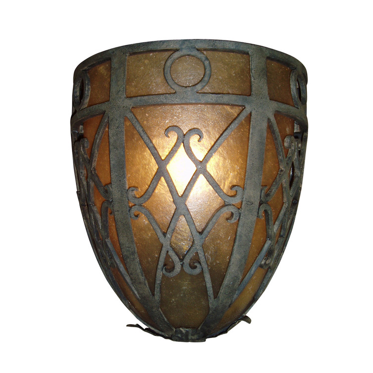 A beautifully crafted wrought iron sconce featuring intricate metalwork and warm amber glass, creating a cozy, inviting glow.