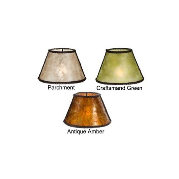 Three unique lamp shades in varying colors and textures: a light parchment shade, a soft green shade labeled "Craftsman Green," and a warm amber shade, all featuring a decorative edge.