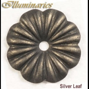 Elegant metal flower accent with a textured design and a circular opening at the center, finished in a soft silver leaf. Perfect for enhancing light fixtures.
