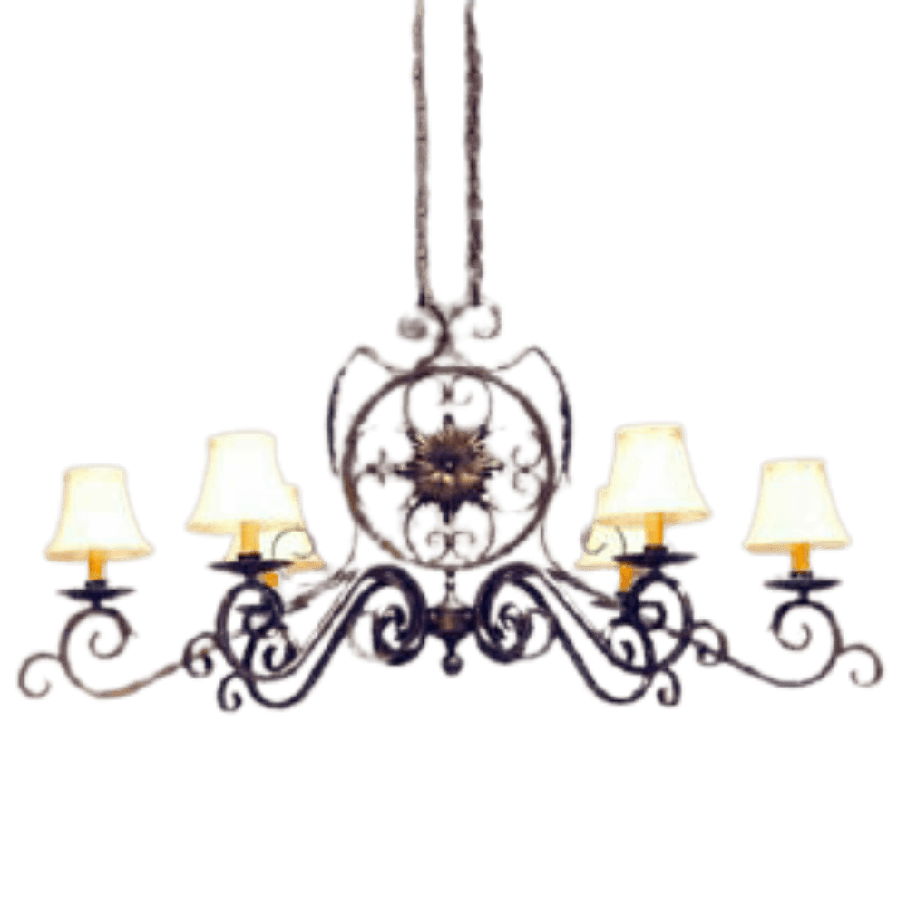 A beautifully crafted wrought iron chandelier featuring ornate scrollwork and five cream-colored shades. Perfect for adding elegance to any space.