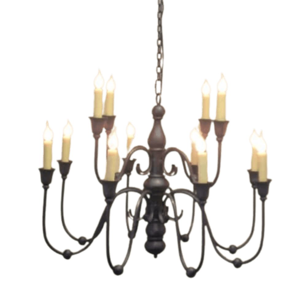 Elegantly designed wrought iron chandelier featuring sweeping curves and a rustic finish. It has multiple candle-shaped lights, exuding warmth and sophistication. Ideal for dining rooms or grand entryways.