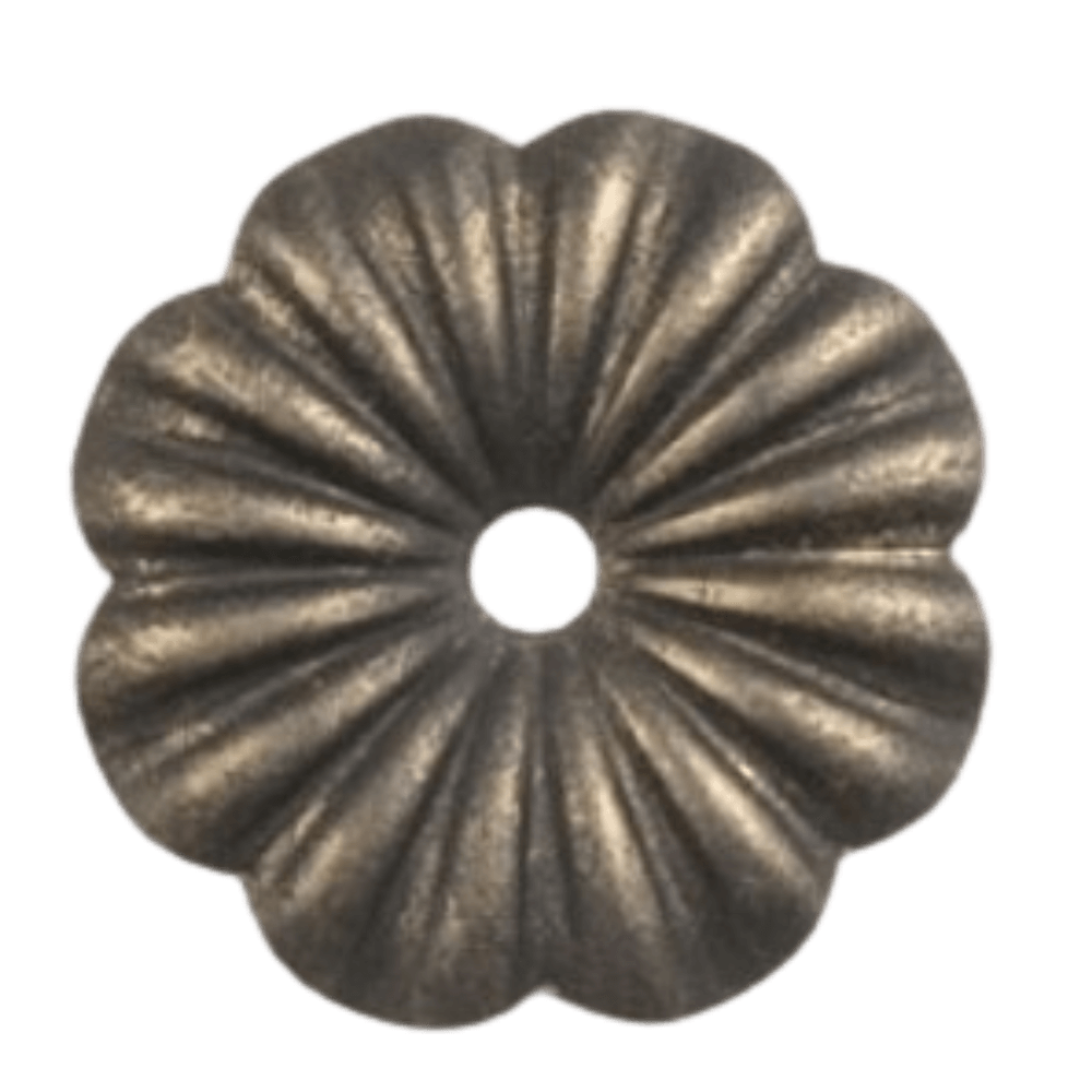 A decorative wrought iron accent featuring a fluted, flower-like design with a central hole, ideal for enhancing custom lighting fixtures.