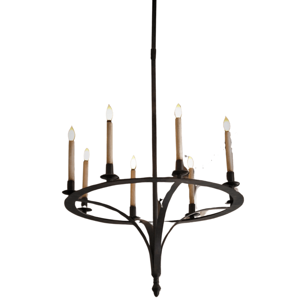 A round wrought iron chandelier featuring six slender candle-style lights atop elegant candle holders. The design incorporates graceful curves and decorative elements, emphasizing a romantic and vintage aesthetic. The fixture hangs from a simple chain, showcasing its artisanal craftsmanship and timeless appeal. Perfect for adding warmth and character to any space.