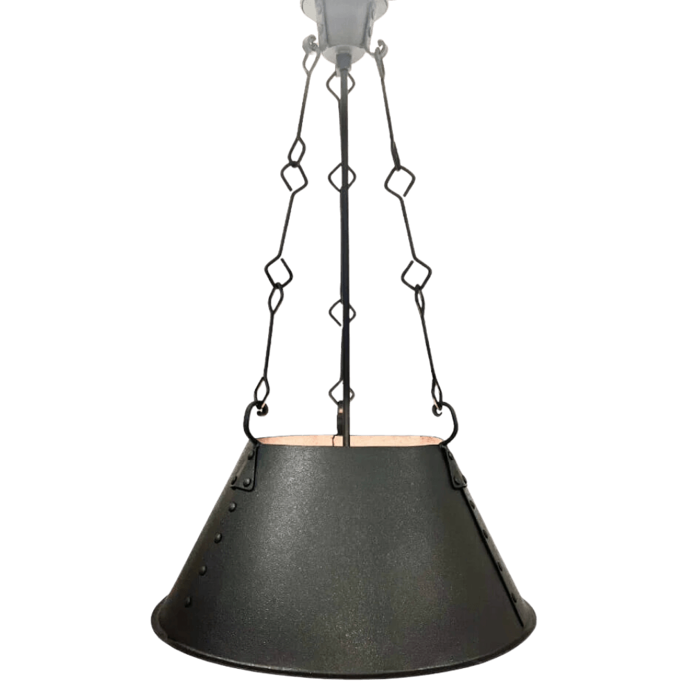 A distinctive hanging light fixture featuring a black, conical shade with a textured surface and meticulous metal detailing. The design includes decorative chains, enhancing its elegant appeal and making it suitable for various interiors. Ideal for adding warm illumination to dining areas or living spaces.