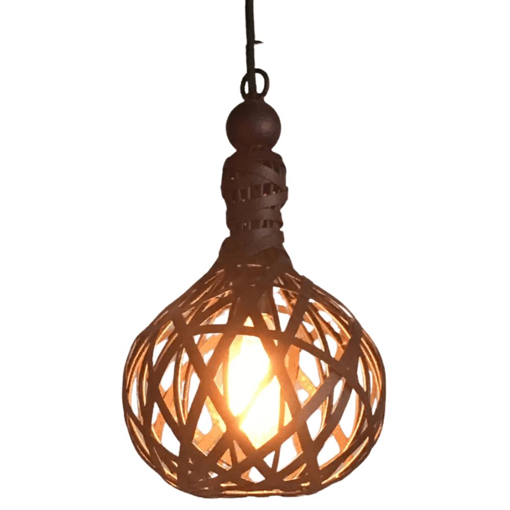 A striking pendant light featuring an intricate woven design that showcases a warm, glowing bulb. The rustic style adds a cozy, elegant touch to any space, perfect for accentuating traditional decor.
