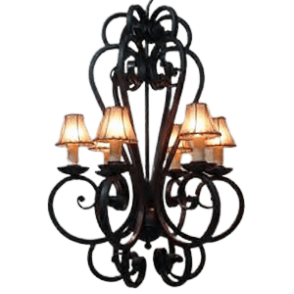 A decorative wall sconce featuring intricate wrought iron design, showcasing elegant curves and five soft-glow lampshades. The warm tones create a welcoming ambiance, perfect for enhancing any space.