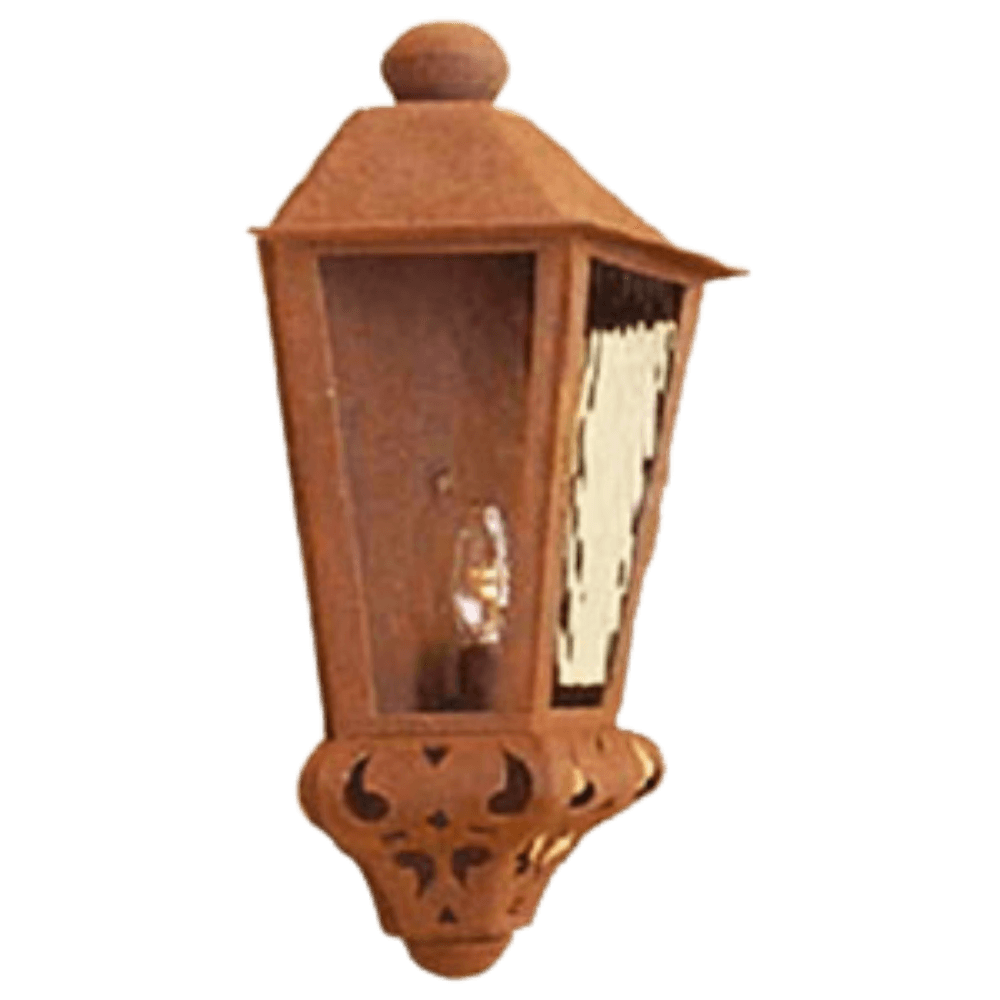 A detailed wrought iron sconce with a warm, textured finish and soft curves. The design features clear glass panels allowing light to shine through, enhancing any space with an elegant glow.