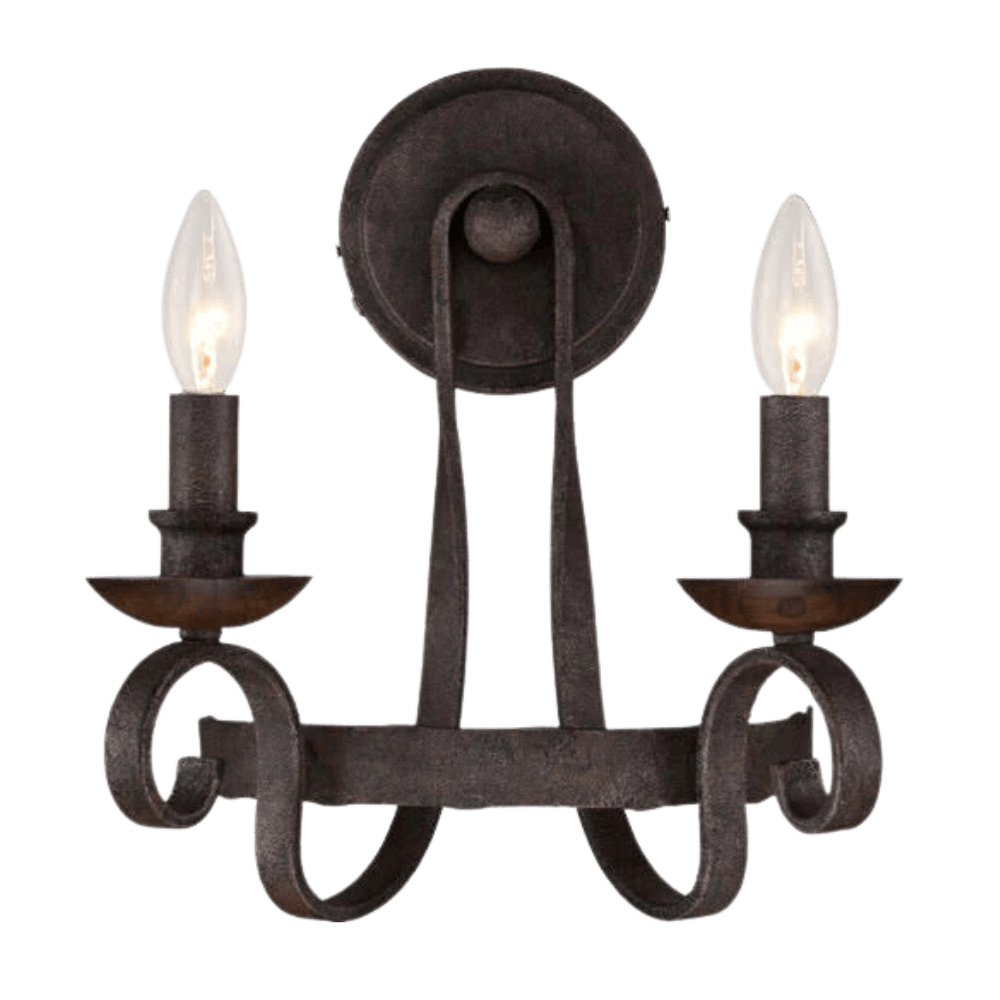 A two-light wall sconce featuring intricate wrought iron detailing, with elegant curves and a dark finish. Each light is topped with a clear, teardrop-shaped bulb, adding a warm glow to any space.