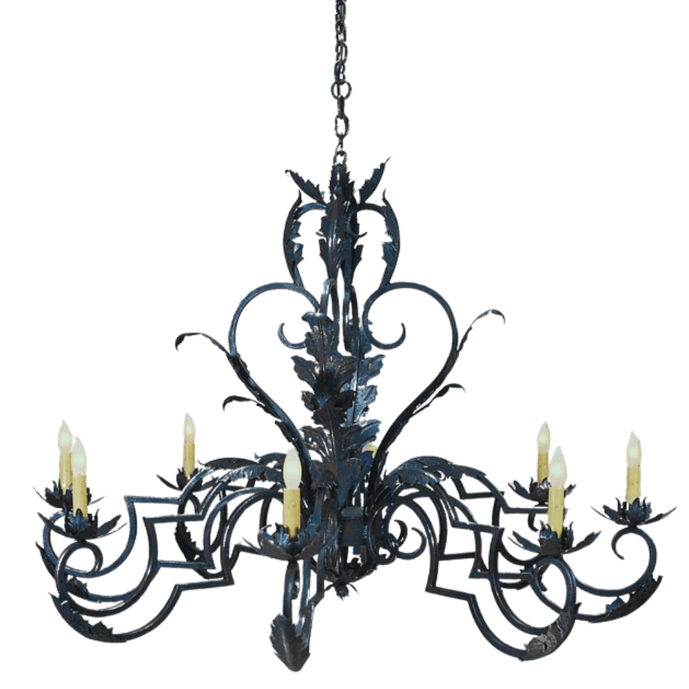 A beautifully crafted wrought iron chandelier featuring intricate leaf designs and six elegant candle holders. The dark finish enhances its ornate detailing, creating a stunning centerpiece for any space.