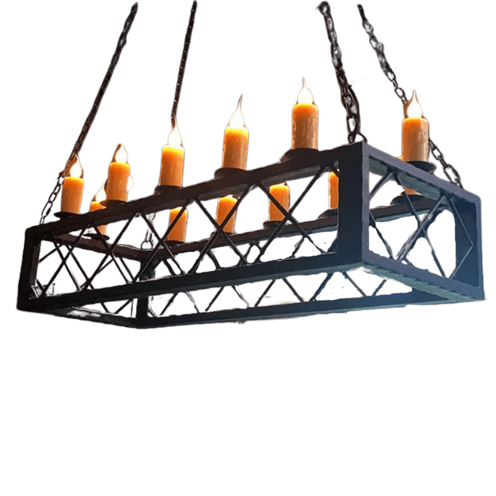A charming wrought iron chandelier featuring six warm, flickering candle-like lights. The elegant design includes intricate lattice detailing and hanging chains, enhancing any rustic or traditional decor.