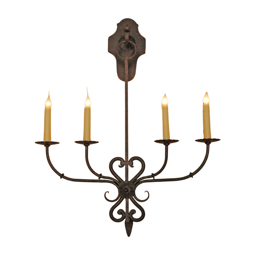 Elegant wrought iron sconce featuring three candle-style lights with a decorative scroll design. The rustic finish adds warmth, perfect for enhancing any interior space.