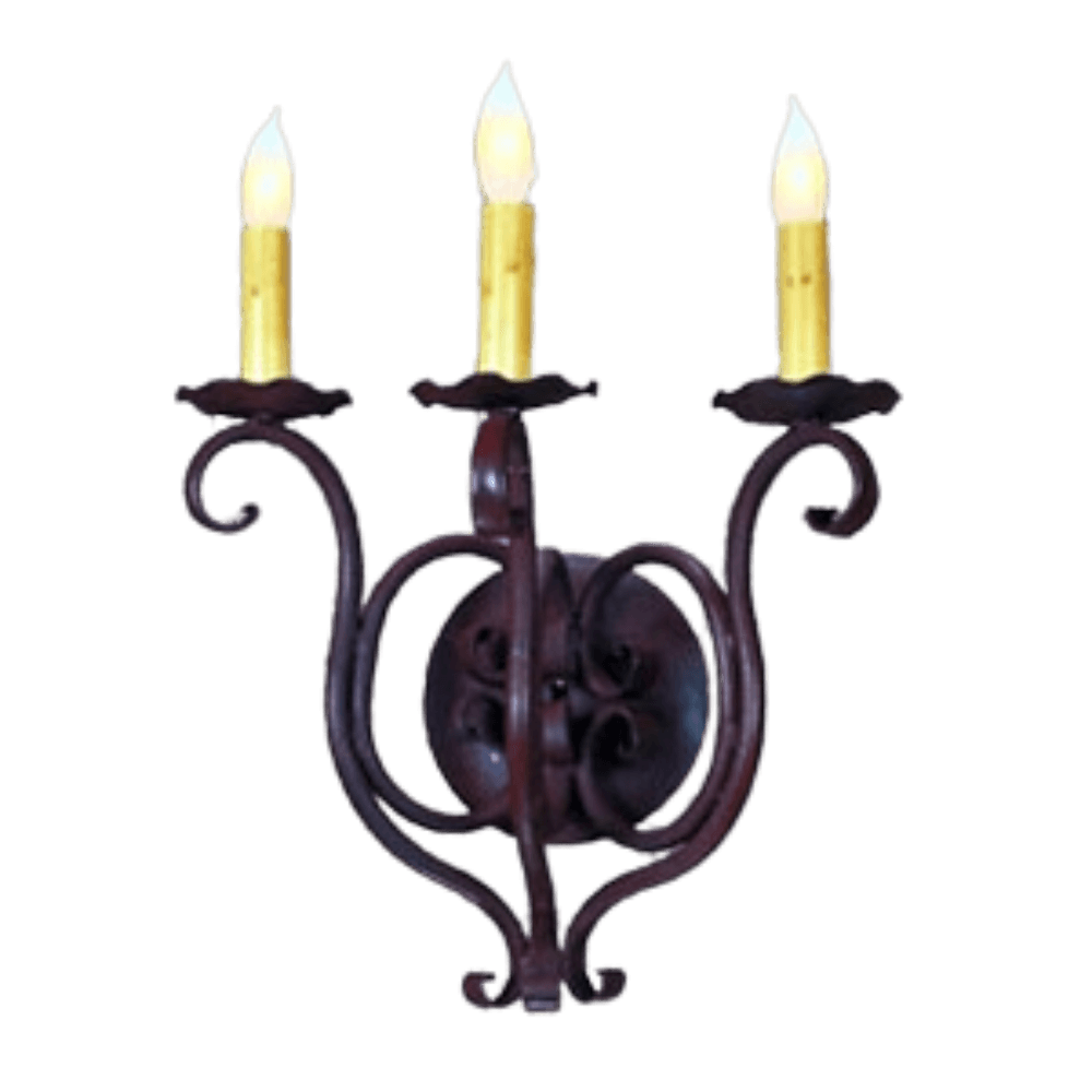 A beautifully crafted three-light wall sconce featuring elegant curved wrought iron arms and candle-like bulbs. The intricate detailing adds a touch of warmth and rustic charm, perfect for enhancing various décor styles.