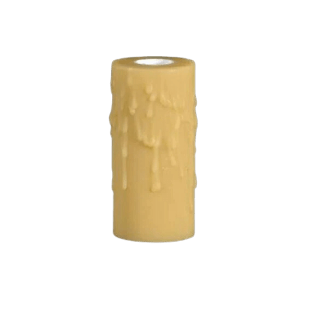 A rustic-inspired candle cover in a warm beige hue, featuring a textured design that mimics melted wax drips. Ideal for adding charm to wrought iron fixtures.