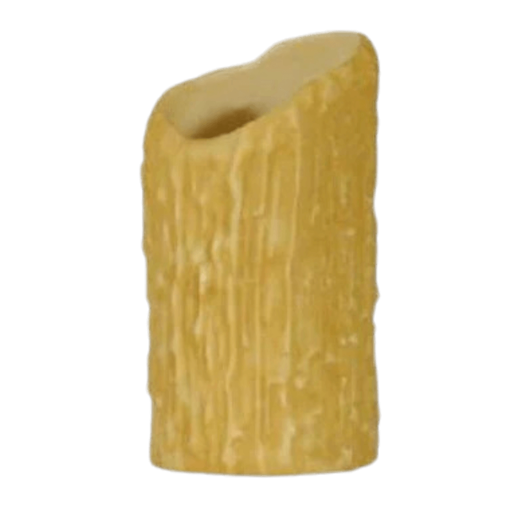 A decorative candle holder designed to resemble a rustic tree trunk, featuring textured bark-like detailing and a warm yellow hue.